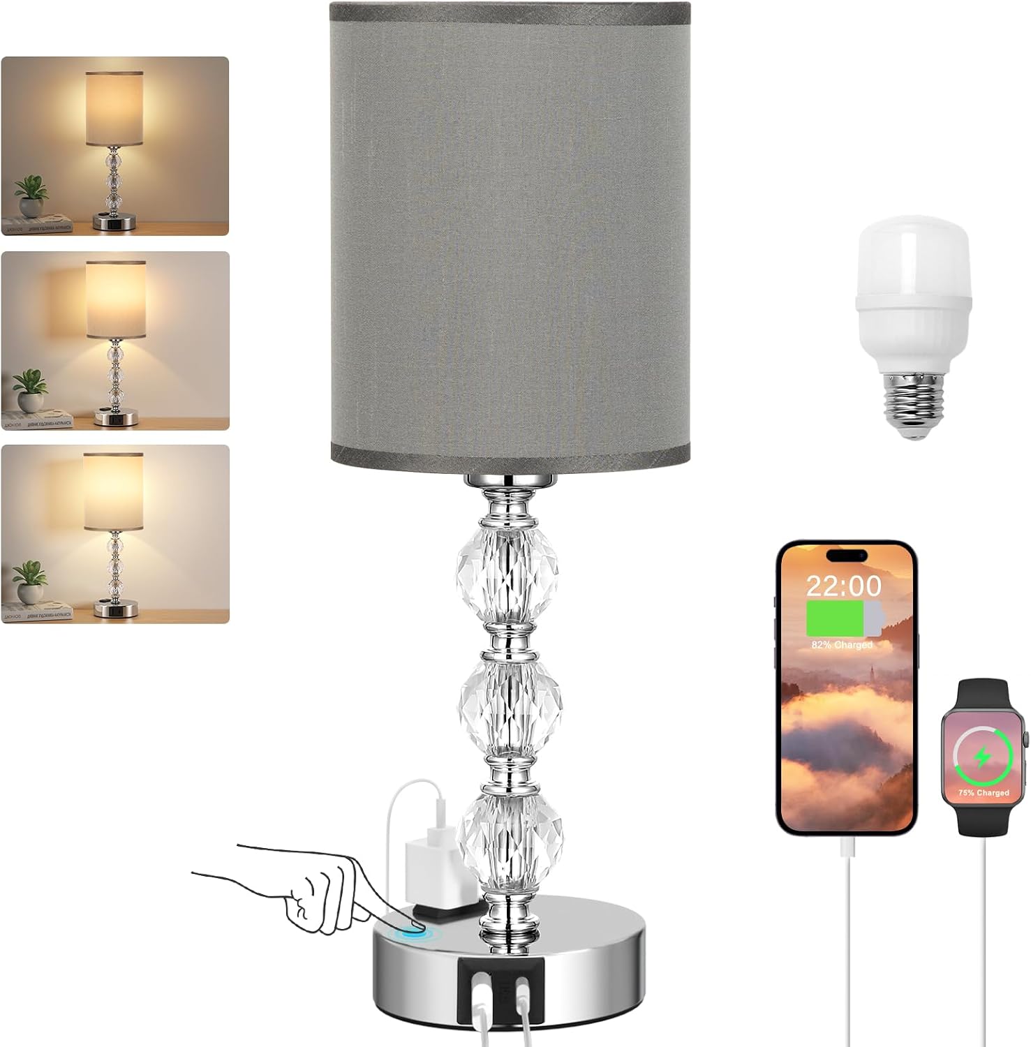 Grey Touch Bedside Lamps for Bedrooms - Crystal Table Lamp with USB C+A Charging Port and AC Outlet Nightstand, 3 Way Dimmable Silver…