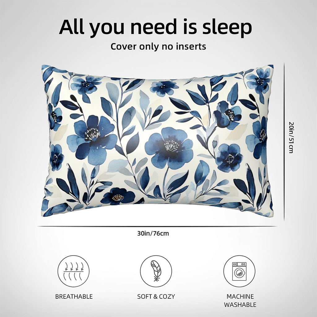 Satin Pillowcase for Hair and Skin Watercolor Blue Flowers and Leaves Super Soft and Cooling Similar to Silk Pillow Case 1 Pack with…