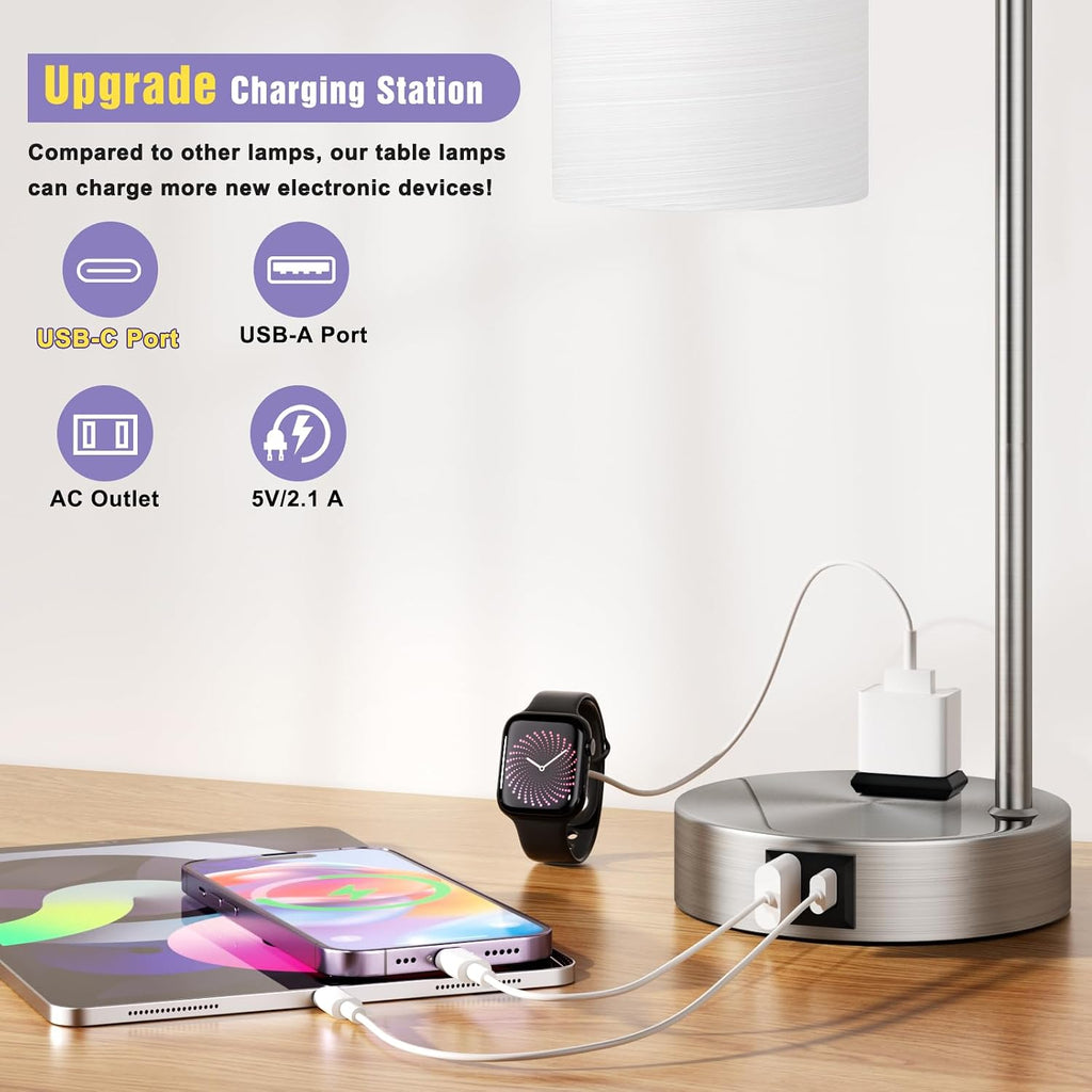 Innqoo Industrial Nickel Table Lamps for Bedrooms Set of 2-3-Way Dimmable Desk Lamp with USB C+A Ports and Outlet, Sliver Lamps with…