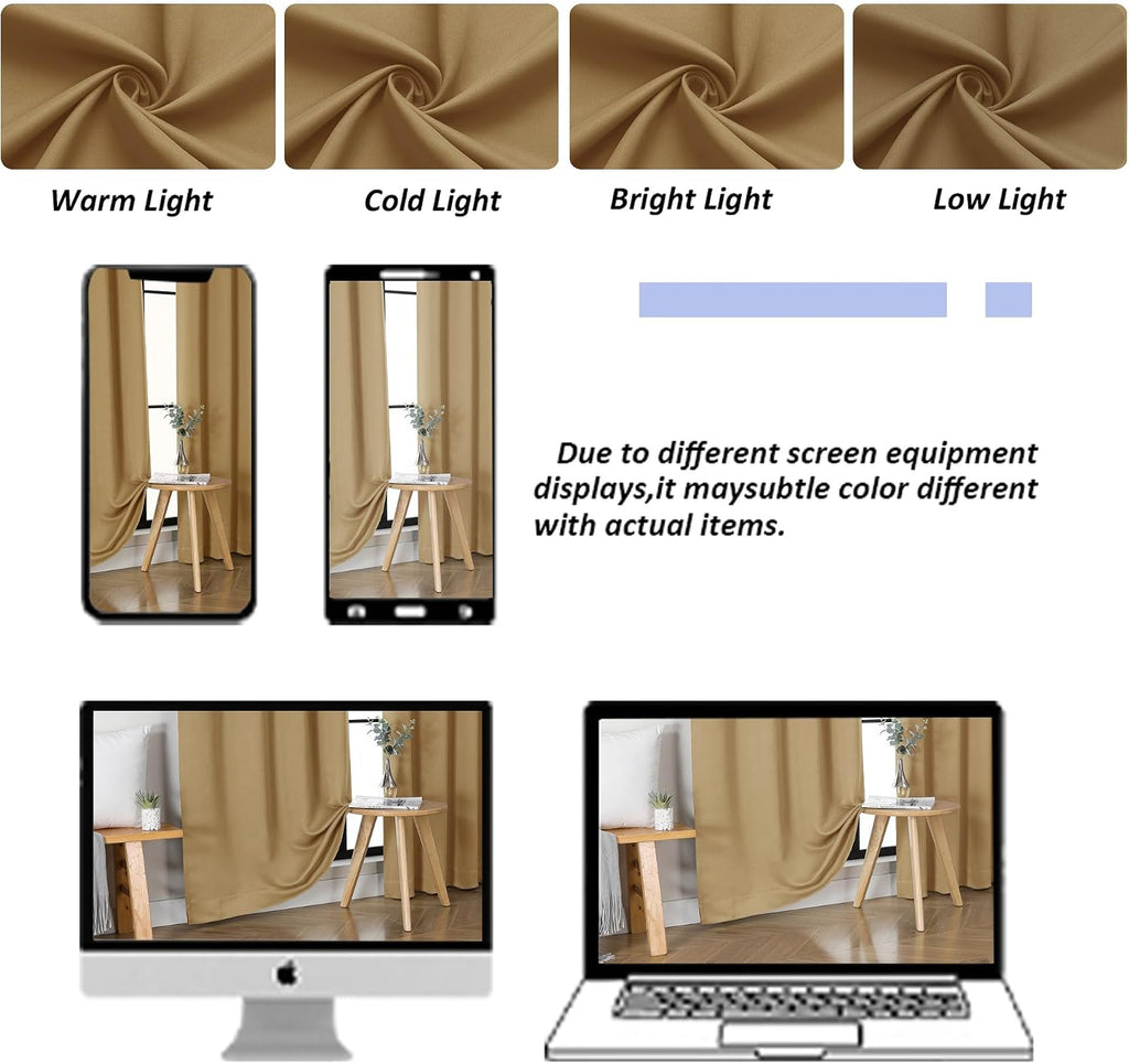 Simplebrand Ava Gold Short Blackout Curtains for Bedroom 45 Inches Long 2 Panels Set, Solid Thermal Insulated, Energy Saving Window Treatme…