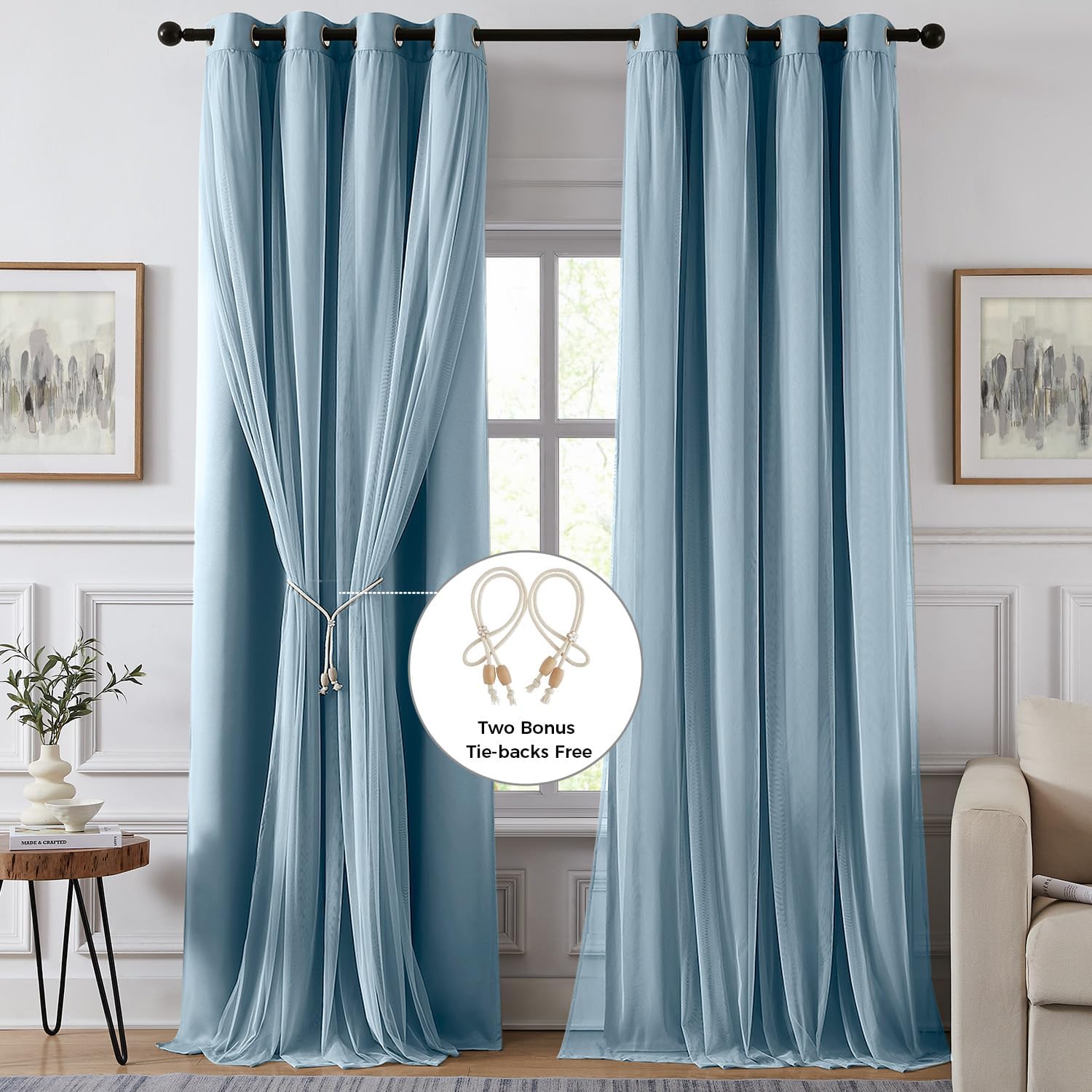 Swandream 100% Blackout Curtains for Bedroom, Double Layer Blue Curtains, Black Out Curtain 108 inch Long with Sheer Overlay for Living Roo…
