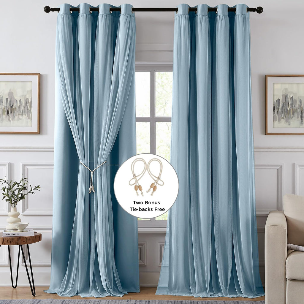 Swandream 100% Blackout Curtains for Bedroom, Double Layer Blue Curtains, Black Out Curtain 96 inch Long with Sheer Overlay for Living Room…