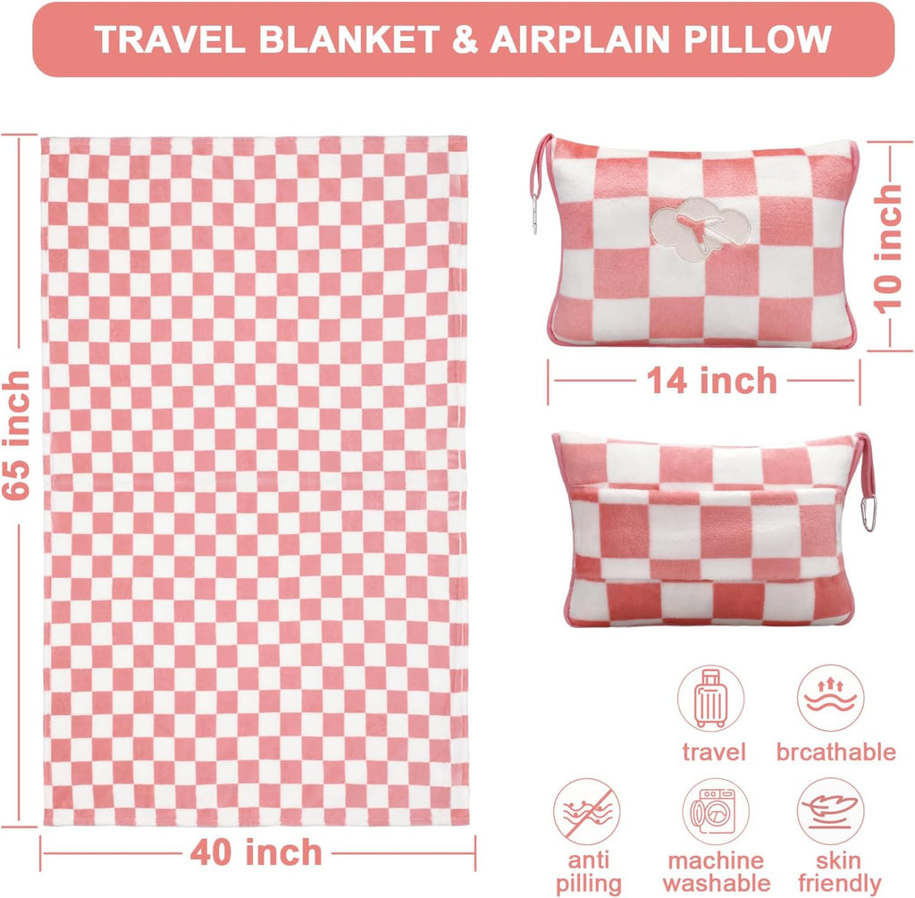 JungleStar Travel Blanket and Pillow Compact, Soft 2 in 1 Airplane Blanket with Soft Bag Pillowcase, Hand Luggage Sleeve and Backpack Clip (…