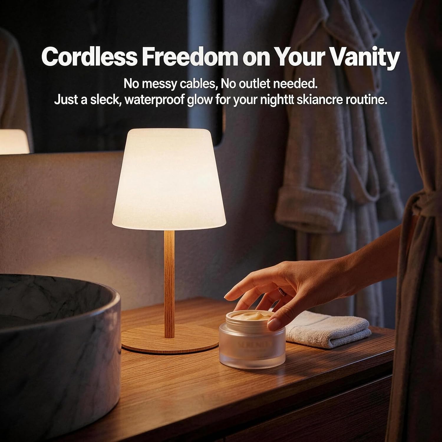 Litluzecozy IP65 Shower Lamp Waterproof, Wood Grain Rechargeable Cordless Bathroom Table Lamp with 4000mAh Battery, 3 Color Temperatures St…