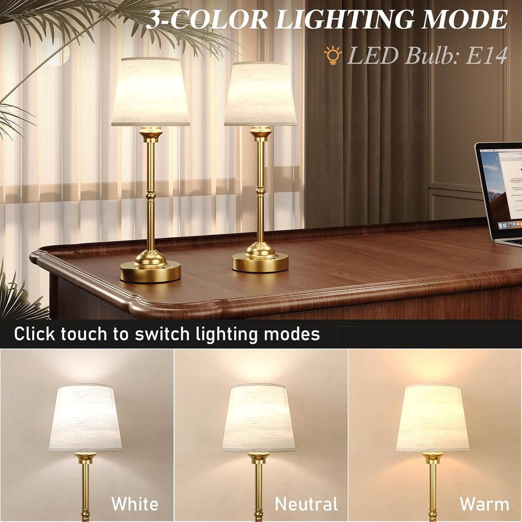 CHLORANTHUS 2 Pack Cordless Table Lamps, 3 Colors Stepless Dimming Fabric Desk Lamp, 6000mAh Rechargeable Battery LED Desk Lamp, Touch…
