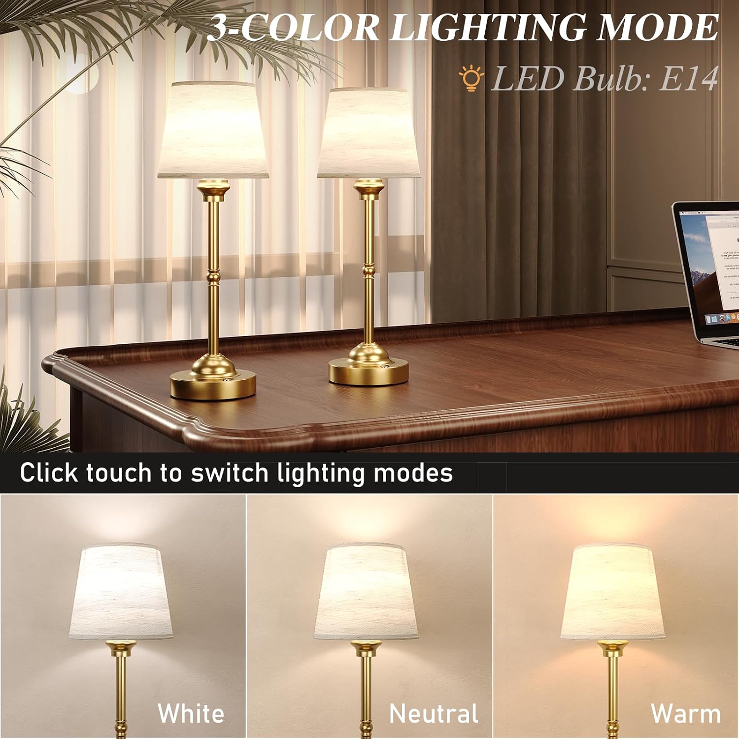 CHLORANTHUS 2 Pack Cordless Table Lamps, 3 Colors Stepless Dimming Fabric Desk Lamp, 6000mAh Rechargeable Battery LED Desk Lamp, Touch…