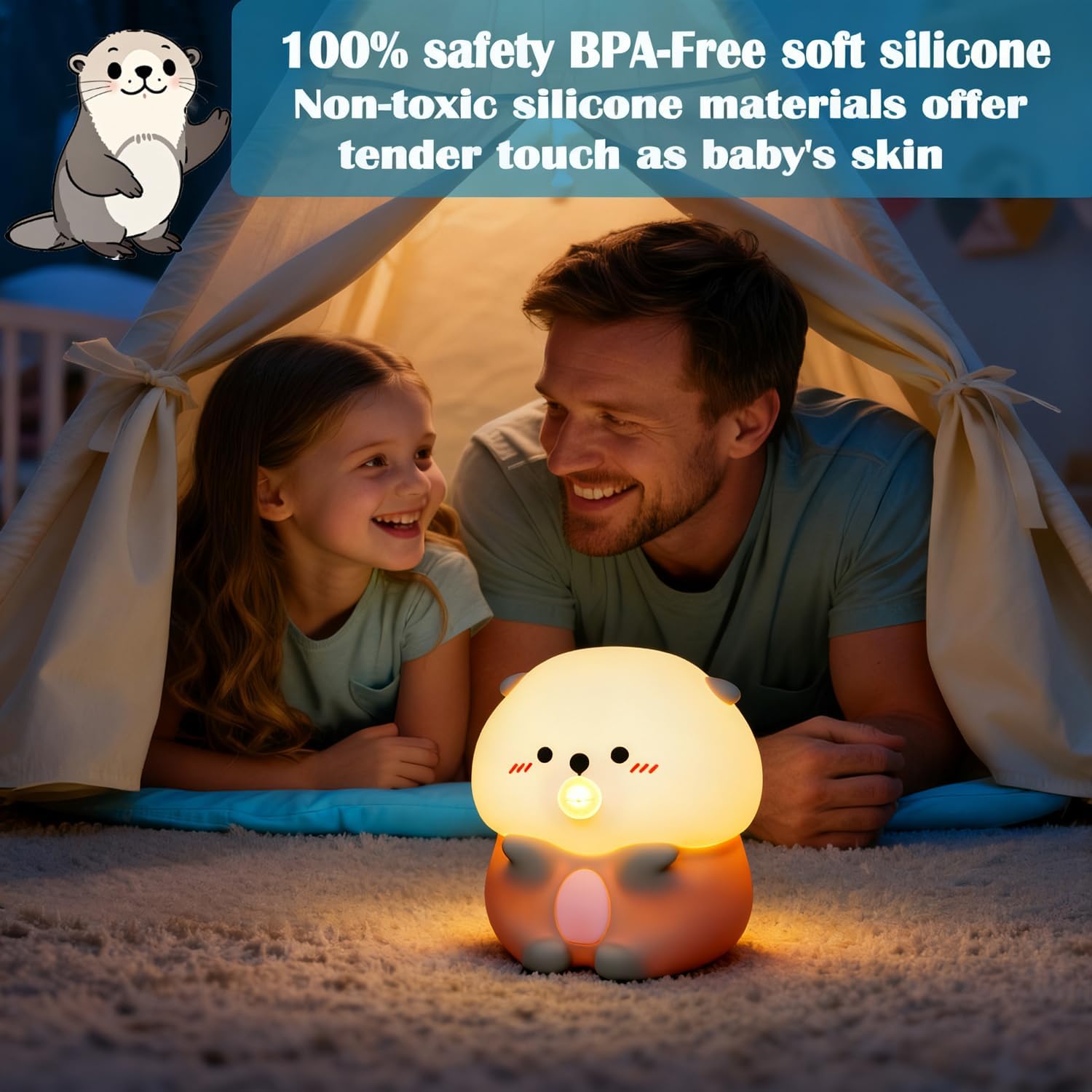 Bubble Blowing Sea Otter Night Light, Otter Gifts, Soft Silicone Lamp with Warm Light and RGB Changing, Breastfeeding Nursery Portable…