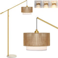 Upgraded】Arc Floor Lamp for Living Room, Boho Dimmable Swing Arm Floor Lamp with Rattan & Fabric Shades, Gold Rattan Standing Lamp with…