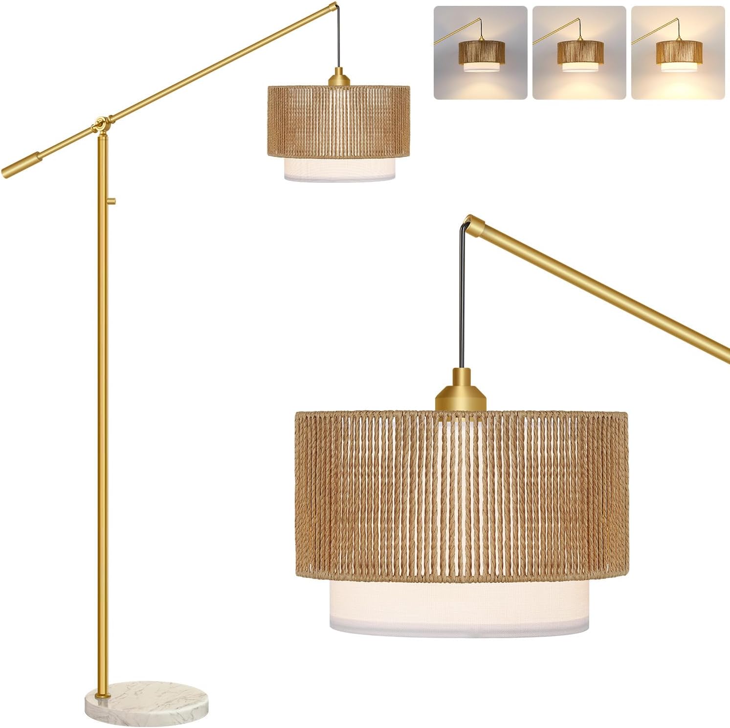 Upgraded】Arc Floor Lamp for Living Room, Boho Dimmable Swing Arm Floor Lamp with Rattan & Fabric Shades, Gold Rattan Standing Lamp with…