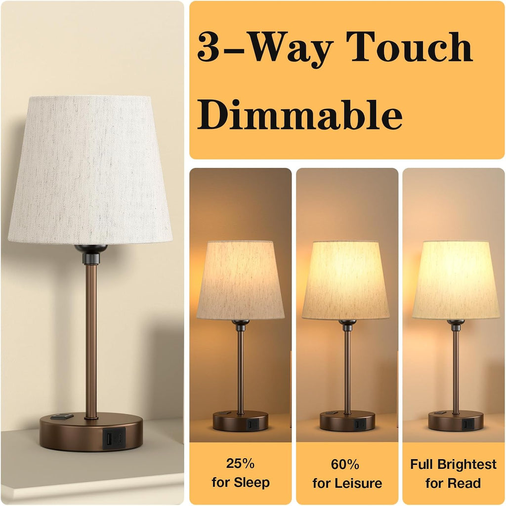 Brown Bedside Lamps for bedrooms Set of 2 - Nightstand Bedroom Lamp with USB C Port and AC Outlet Charging, 3 Way Dimmable Touch Control…