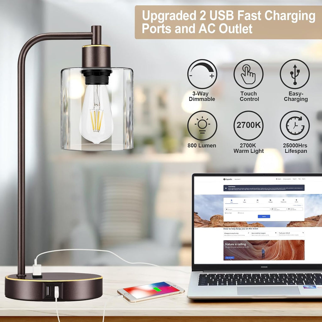 Industrial Touch Table Lamps Set of 2 - Bedside Lamps with 2 USB Ports & AC Outlet, 3-Way Dimmable Nightstand Desk Lamp for Bedroom…