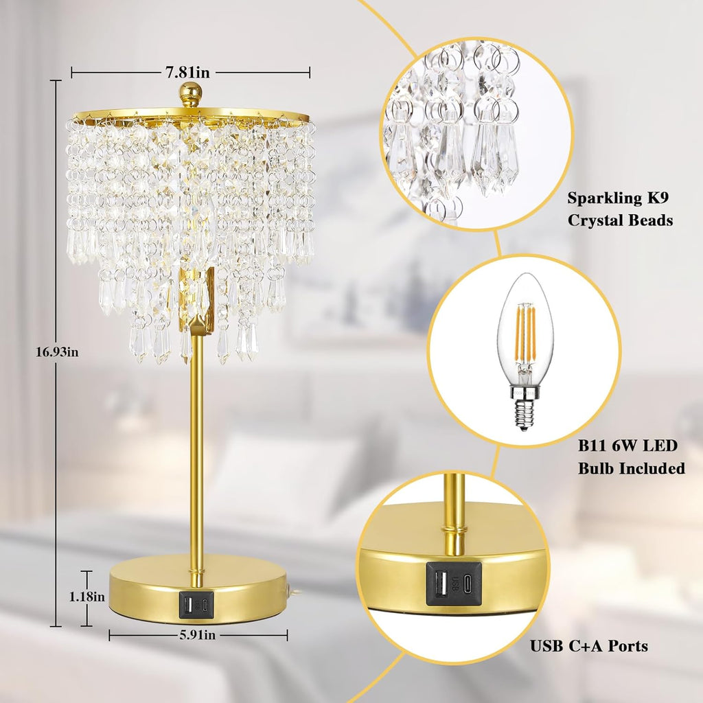 Touch Control Crystal Table Lamp with USB C+A Ports, 3-Way Dimmable Gold Lamp, Bedside Light with Crystal Shade, Girls Lamp for Bedroom…
