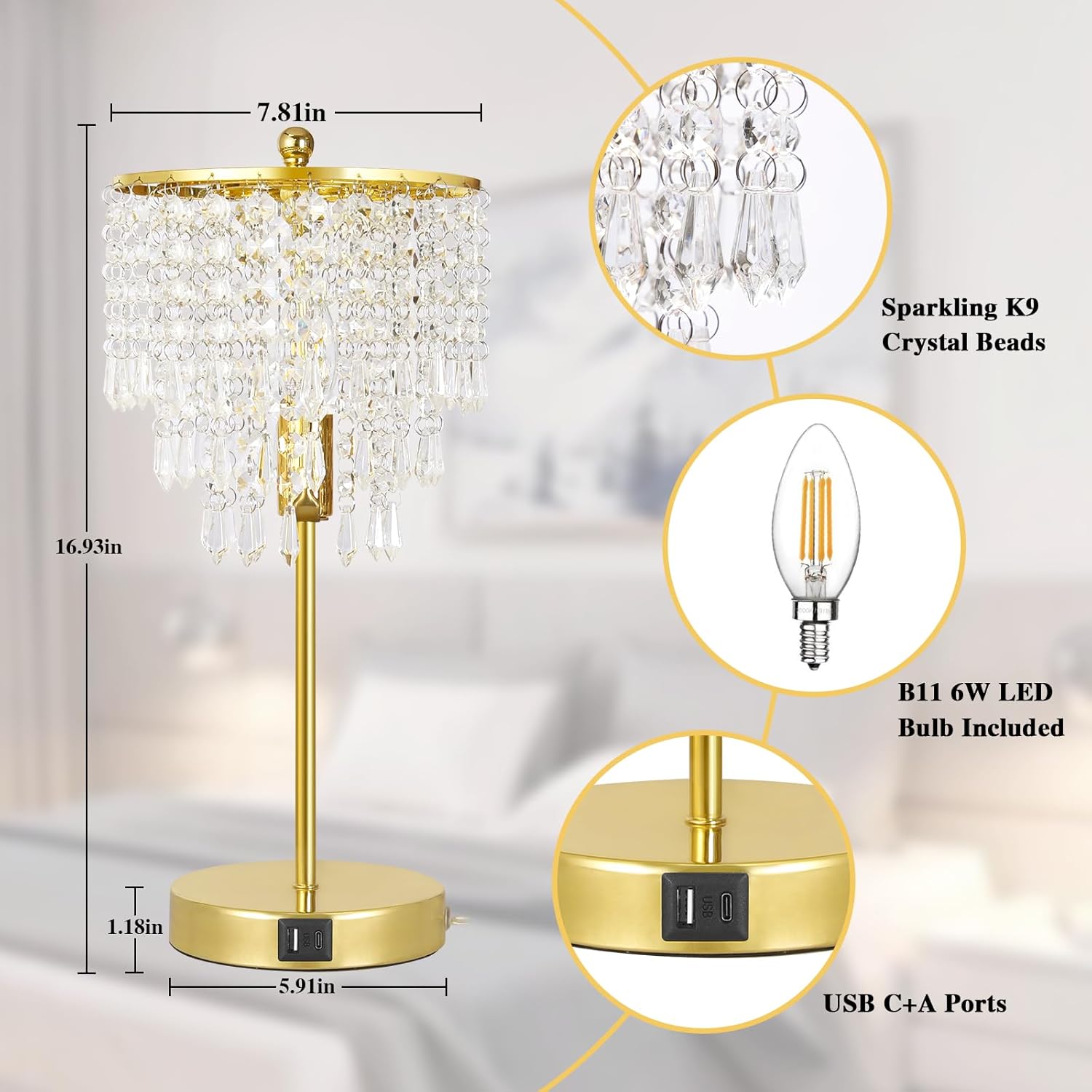 Touch Control Crystal Table Lamp with USB C+A Ports, 3-Way Dimmable Gold Lamp, Bedside Light with Crystal Shade, Girls Lamp for Bedroom…