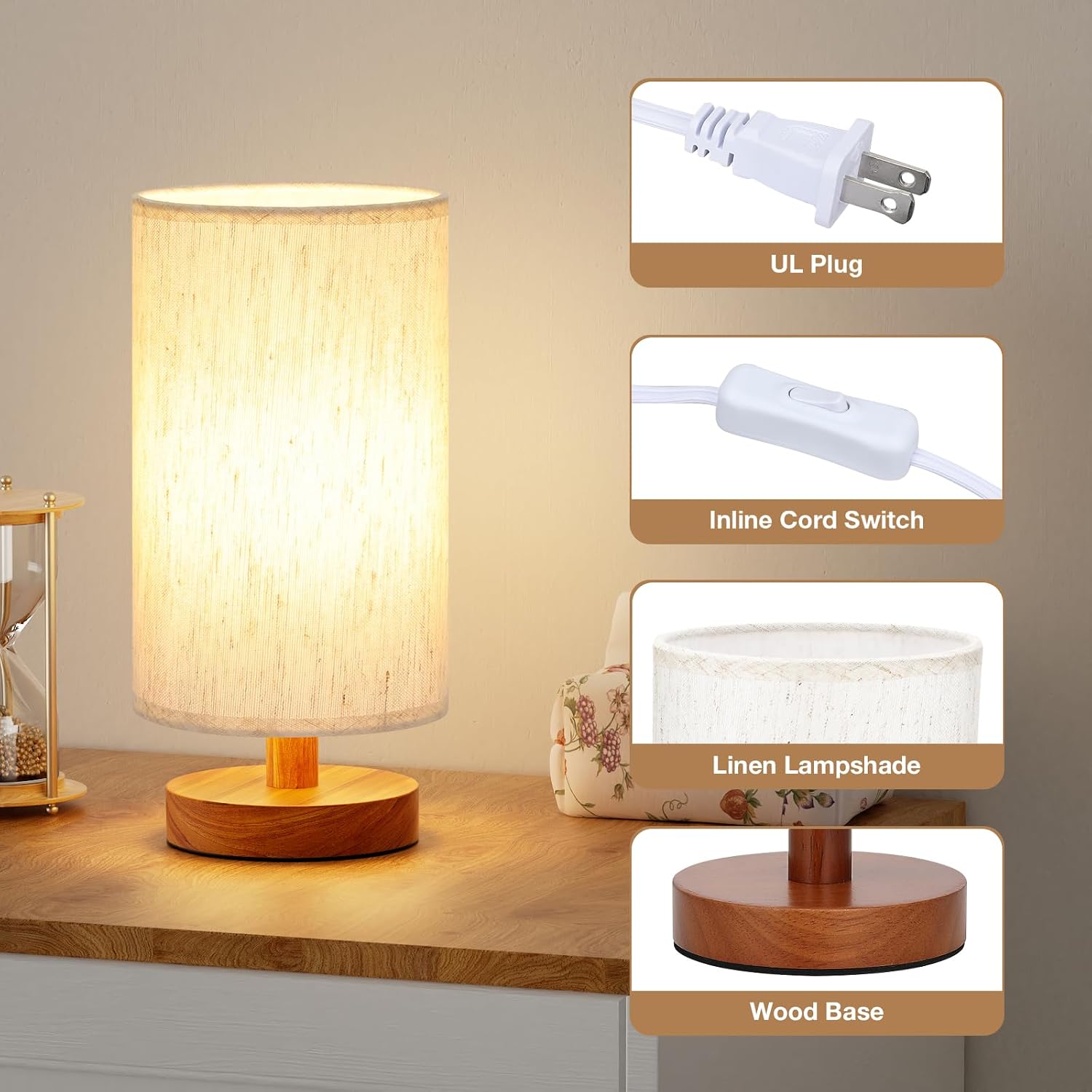 Fenmzee Small Table Lamp for Bedroom - Inline Control, Bedside Lamp with 3000K A15 LED Blub, Easy Assembly (Cream Shade - Walnut Base, 9"…