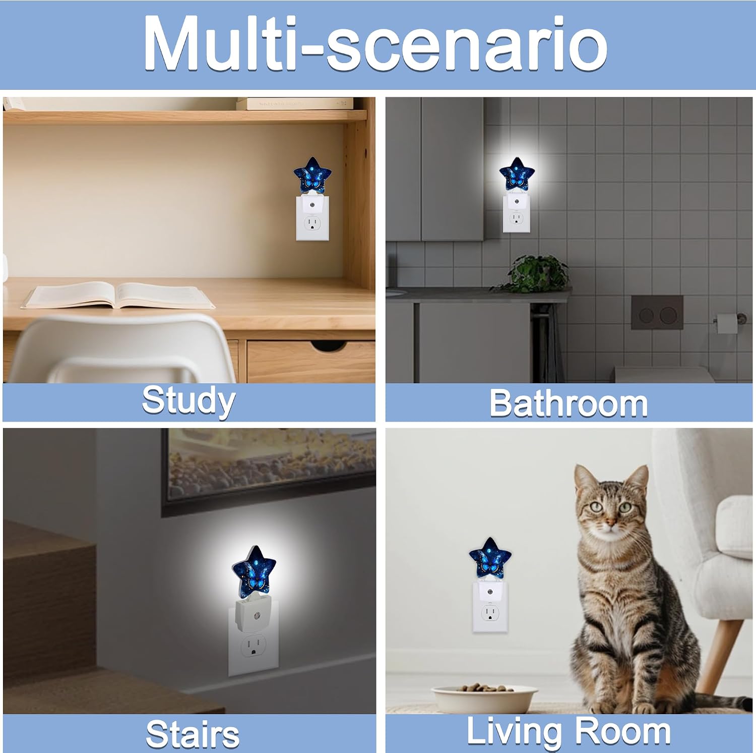 Snowmolle Blue Butterfly Moon Dusk to Dawn Star Night Light, Starry Sky Smart Sensor Nightlight for Bedroom Kitchen Hallway Stairs, Plug-in E…