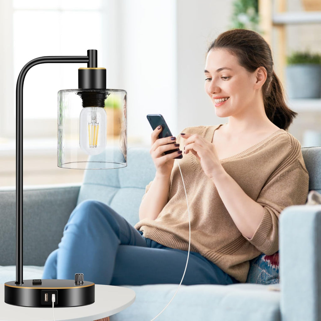 Set of 2 Black and Gold Industrial Table Lamps with USB Port, Fully Stepless Dimmable Bedside Lamps for bedrooms, Nightstand Desk Lamps…