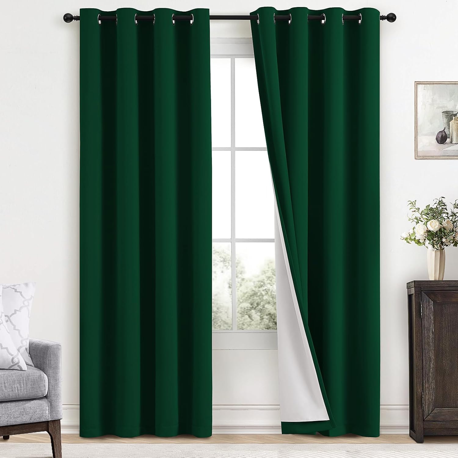 Yakamok 100% Blackout Curtains Dark Green Room Darkening Thermal Insulated with 2 Thick Layers-Hunter Green Window Drapes Set of 2 Panels f…