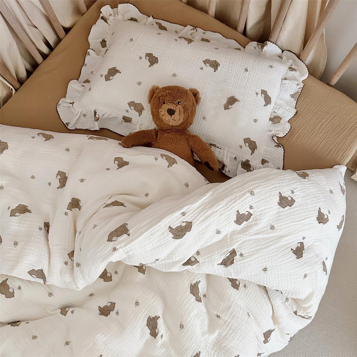 BuLuTu Cartoon Bear Muslin Pillowcase for Boys Girls Cute Animal Print Toddler Pillow Cases Soft Breathable Cotton Pillow Cover for Young…