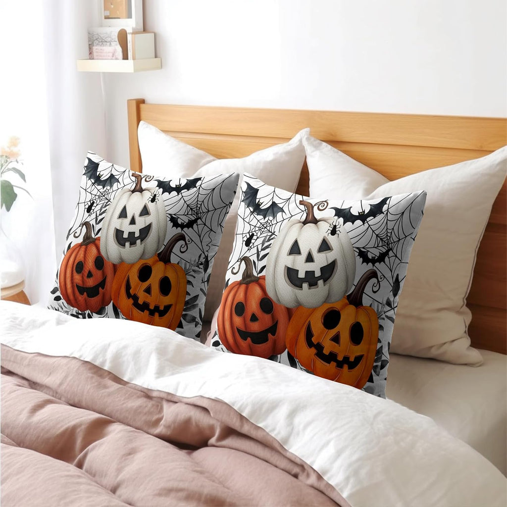 Halloween Pumpkin Throw Pillow Covers 24x24 Inch Pumpkins Jack-O-Lanterns with Black Bat Web Decorative Holiday Pillow Case Cotton Linen…