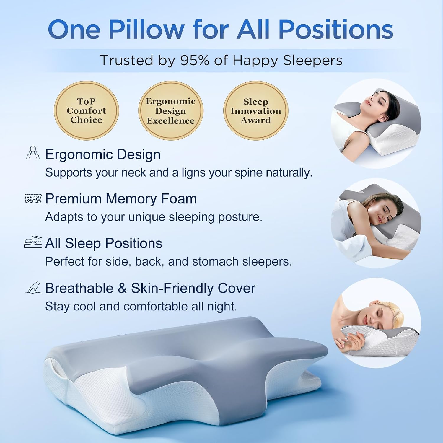 ComRola Effective Cervical Neck Pillow for Sleeping, Memory Foam Pillows for Neck Support, Odorless Contour Side Pillow, Ergonomic Bed Pill…