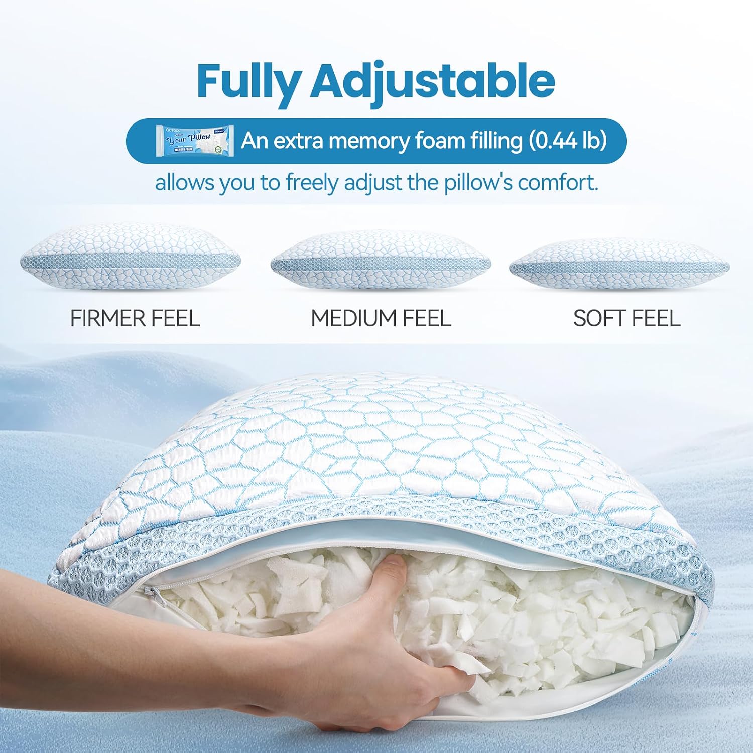 QUTOOL Double Sided Cooling Pillow for Hot Sleepers, Shredded Memory Foam Pillows Standard Size Set of 2, Adjustable Soft & Firm Gel Bed…