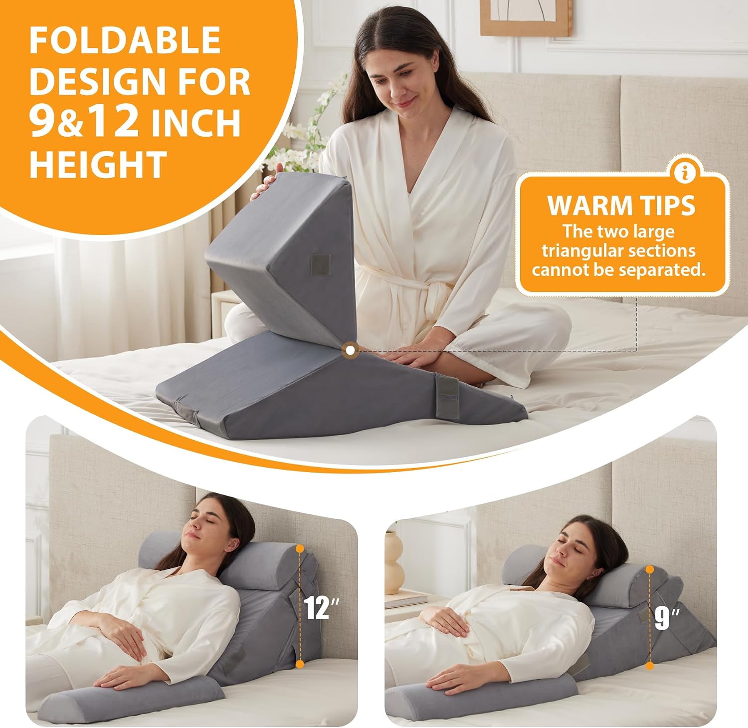 Ruqmuis 3PCS Wedge Pillow Set for After Surgery, Adjustable 9&12 Inch Bed Wedge Pillow for Sleeping, Incline Pillow Wedge for Headboard, Po…