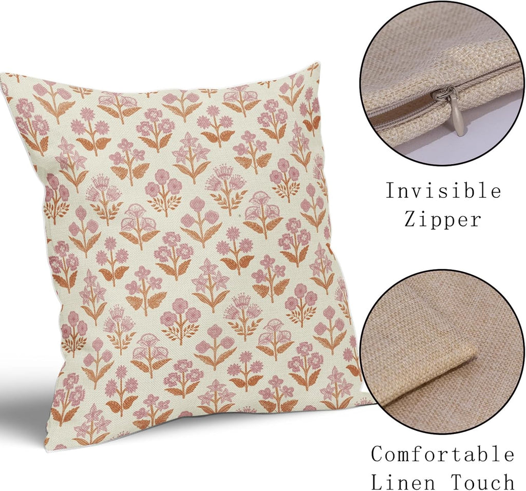 Orange Pink Floral Block Print Pillow Covers 20x20 Inch Set of 2, Vintage Flower Pattern Decorative Throw Pillowcases Outdoor Farmhouse…