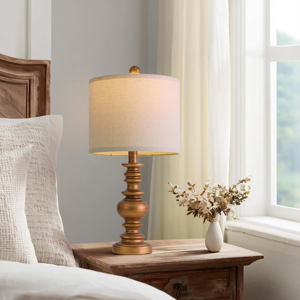 BOBOMOMO 20" Antique Gold Table Lamps Set of 2 – Handcrafted Vintage Bedside Lamps with Linen Shades, Elegant Farmhouse Lamps for…