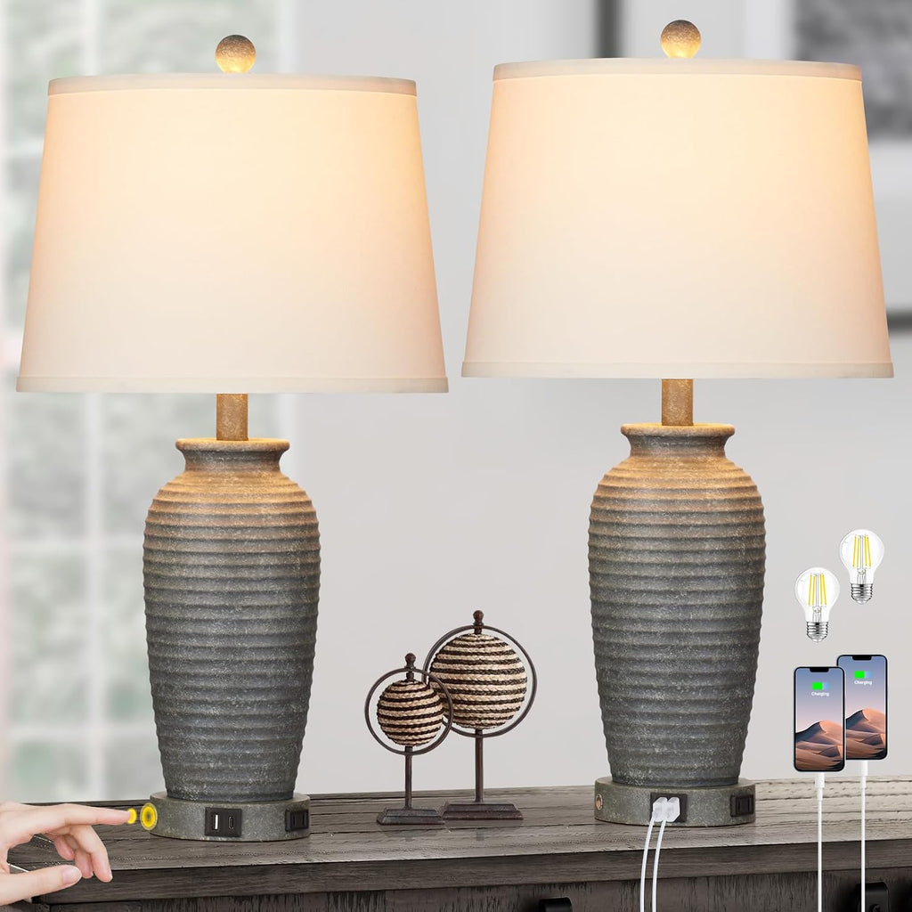 CINSARY 25" Farmhouse Jar Table Lamps Set of 2, 3 Way Touch Control Rustic Bedside Lamps with USB A+C Ports & AC Outlet, Pot Nightstand…