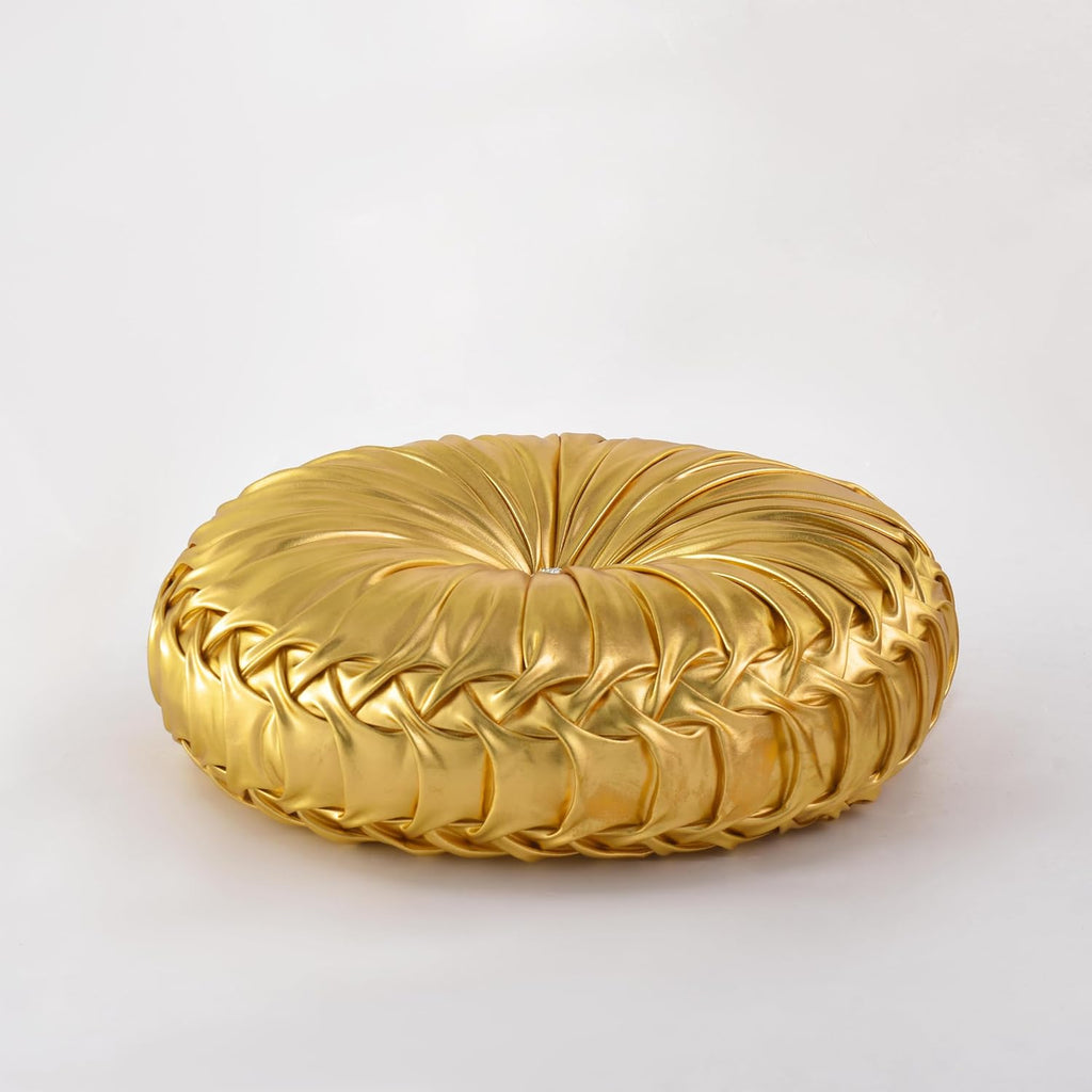 HIG Set of 2 Handcrafted Gold Ruched Round Throw Pillows – 14.5’’ Metallic Leather Decorative Pillows with Soft Polyester Filling for…
