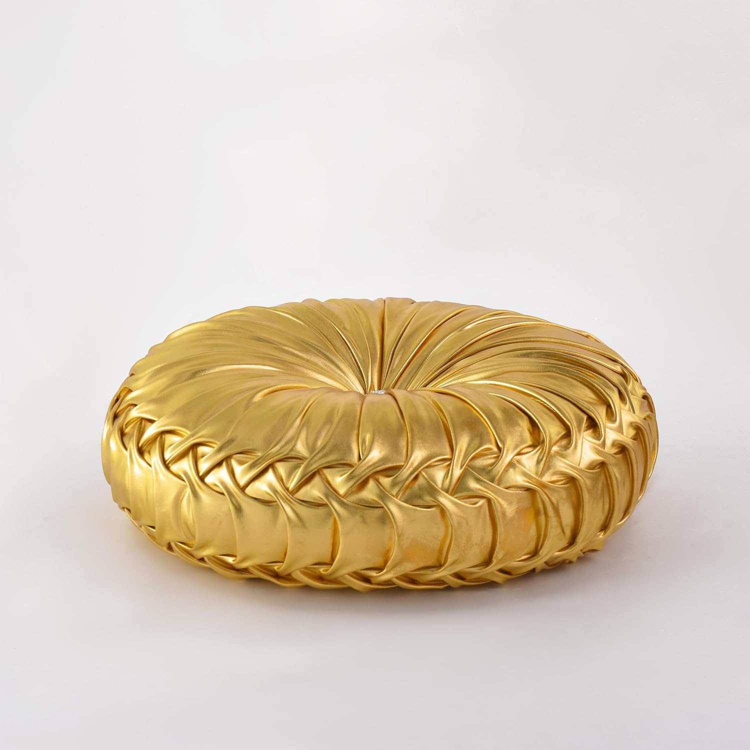 HIG Set of 2 Handcrafted Gold Ruched Round Throw Pillows – 14.5’’ Metallic Leather Decorative Pillows with Soft Polyester Filling for…