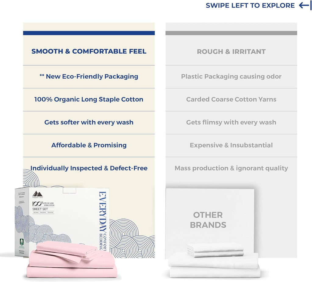 Mayfair Linen 100% Organic Cotton Sheets Twin XL Size - 3 PC Organic Cotton Percale Sheets Twin XL Set (Blush), Soft, Crisp, Cooling…
