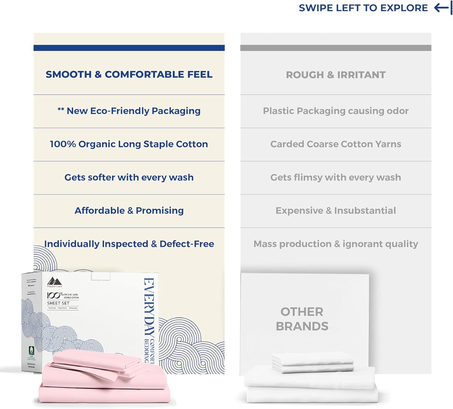 Mayfair Linen 100% Organic Cotton Sheets California King Size - 4 PC Organic Cotton Cal King Size Percale Weave Sheet Set, Soft, Cooling…