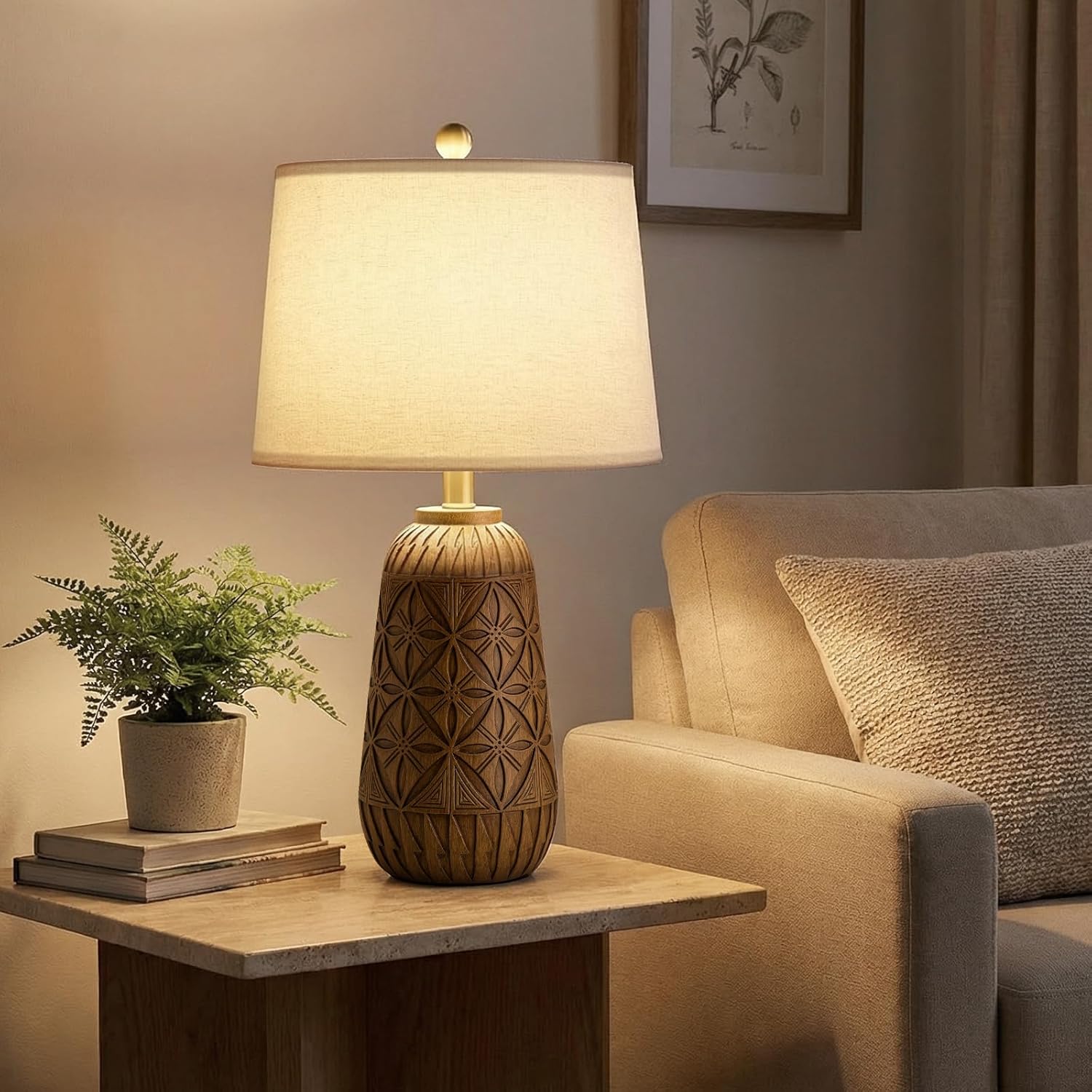 BOBOMOMO 24" Modern Farmhouse Table Lamp, Geometric Hand-Carved Resin Bedside Lamp with Wood Grain Finish, Rustic Nightstand Lamp for…