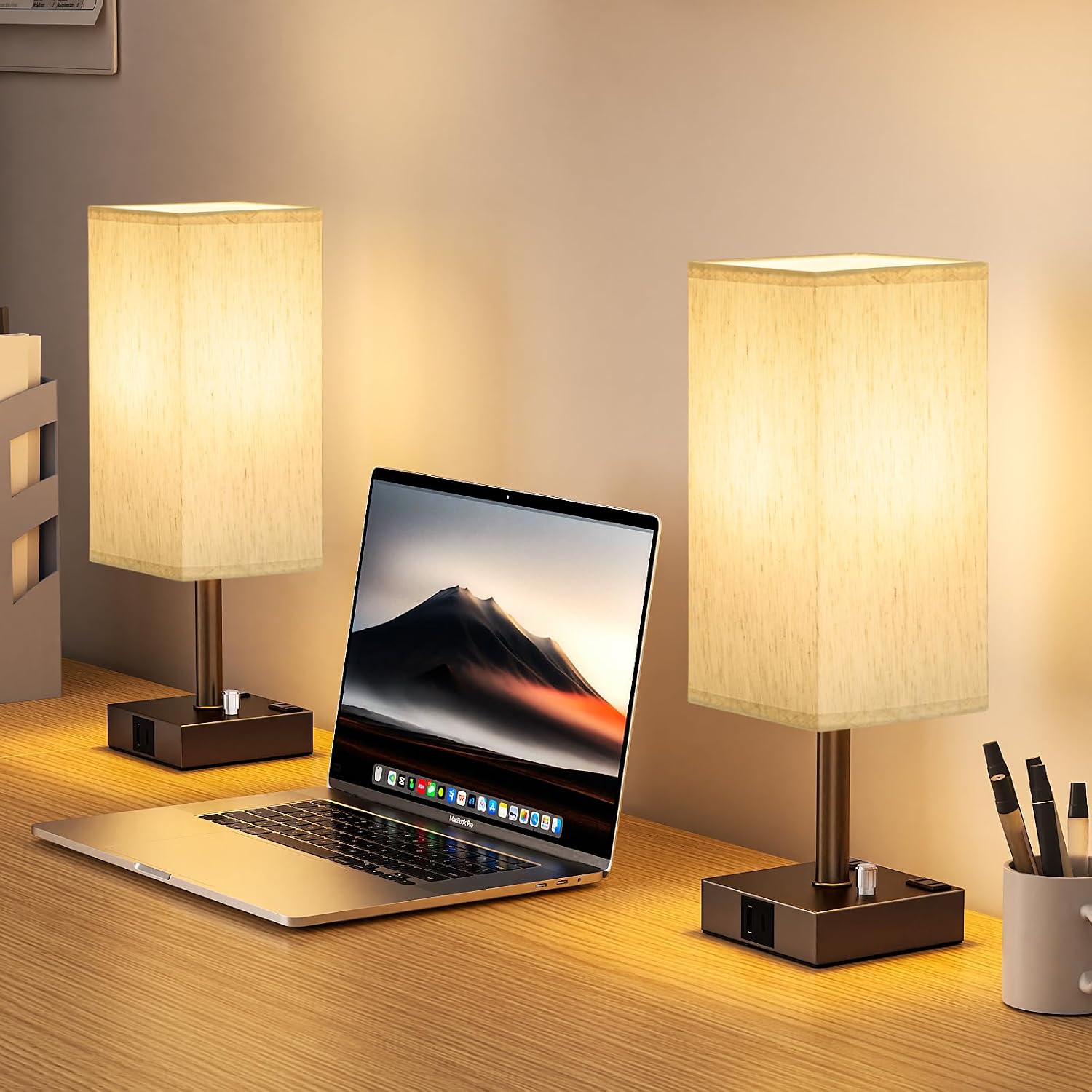 aooshine Brown Fully Dimmable Nightstand Lamps Set of 2 - Table Bedside Lamp with USB C+A Charging Ports & 2 AC Outlets, Square Lamp Sets…