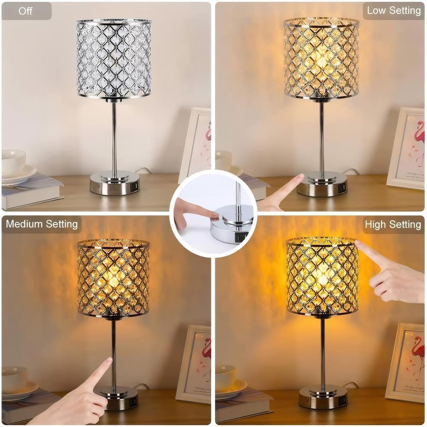 Crystal Table Bedside Lamp Touch Control, Dimmable Small Nightstand Lamp Set of 2 with USB-C+A Charging Ports, Decorative Silver Tabletop…