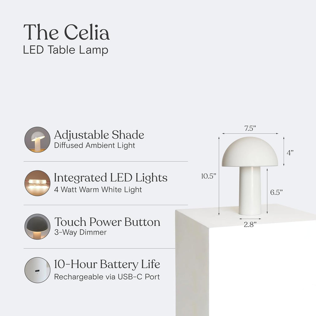 Brightech Celia Table Lamp – 10" Touch-Controlled Mushroom Small Lamp, Cordless & Dimmable LED, Portable Bedside Night Light, Sustainable M…