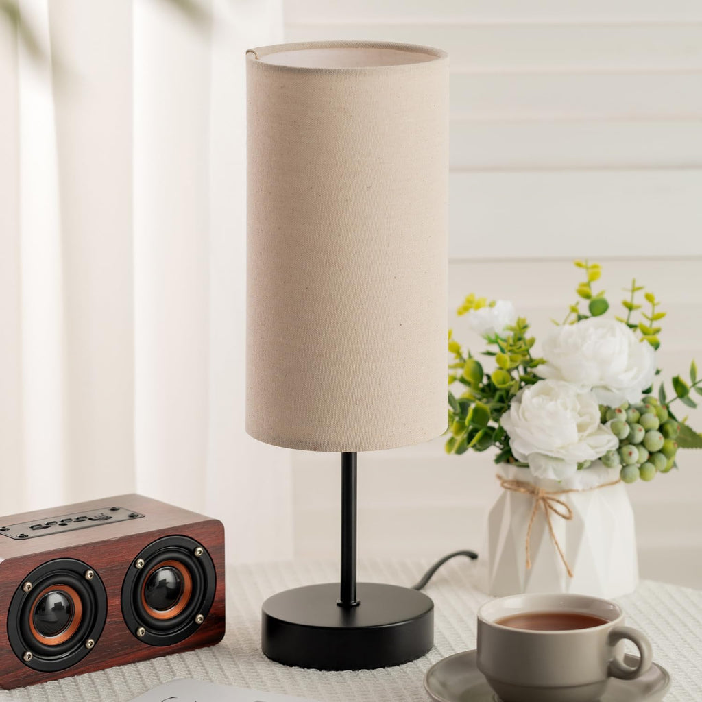 Small Bedside Table Lamp for Bedroom, Round Linen Shade and Black Metal Base, Rustic Minimalist Night Lamps for Nightstand, Dresser…