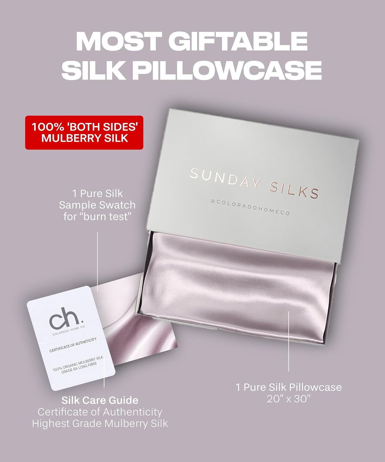 ColoradoHomeCo SUNDAYSILKSTM Silk Pillow Cases | 100% Mulberry Silk Pillowcase with Zipper, All Sides Real 22 Momme Grade 6A Silk, Standard…