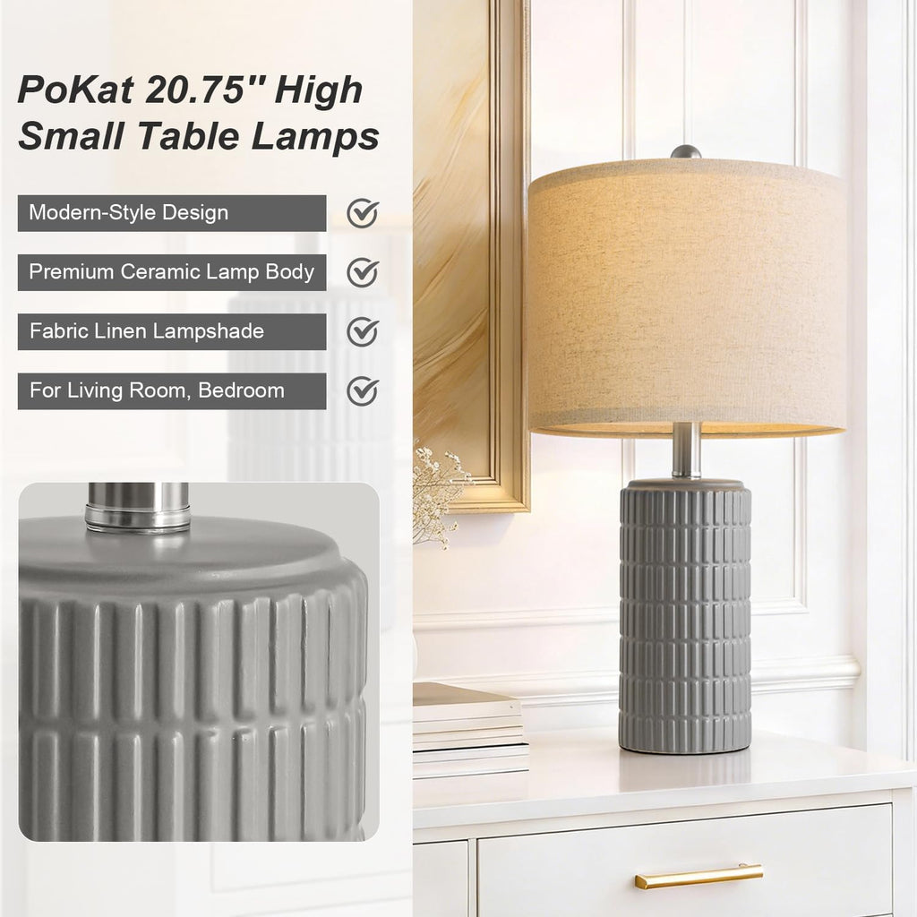 PoKat 20.75'' Ceramic Small Table Lamps for Bedroom, Modern Dark Gray Bedside Lamps Set of 2, Farmhouse Lamps for Living Room with Linen…