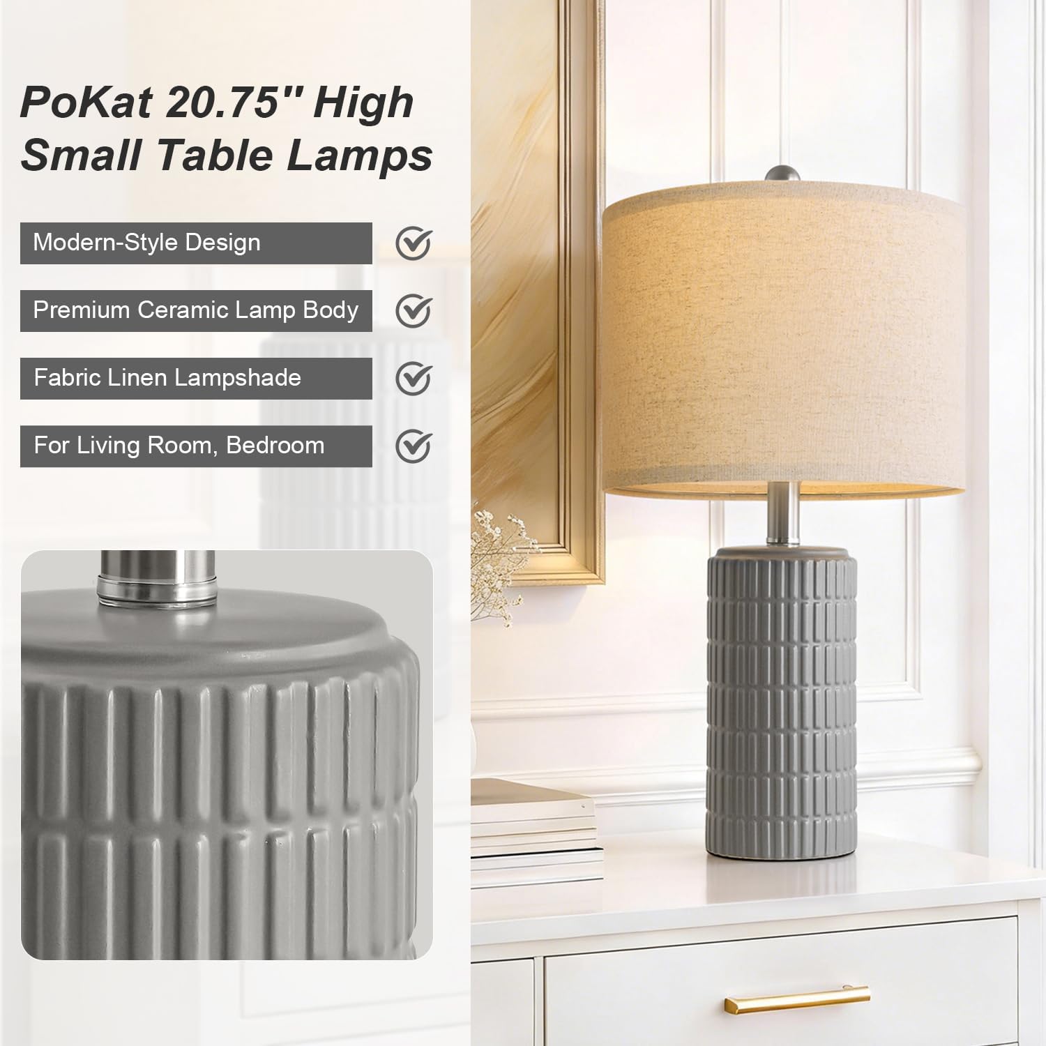 PoKat 20.75'' Ceramic Small Table Lamps for Bedroom, Modern Dark Gray Bedside Lamps Set of 2, Farmhouse Lamps for Living Room with Linen…