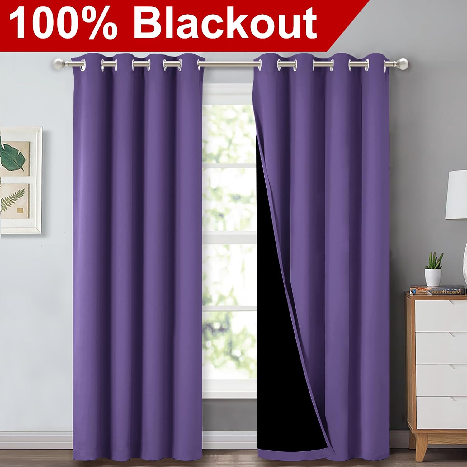 Nicetown Lilac Purple Full Shade Curtain Panels, Pair of Energy Smart & Noise Blocking Out Blackout Drapes for Dining Room Window, Thermal…