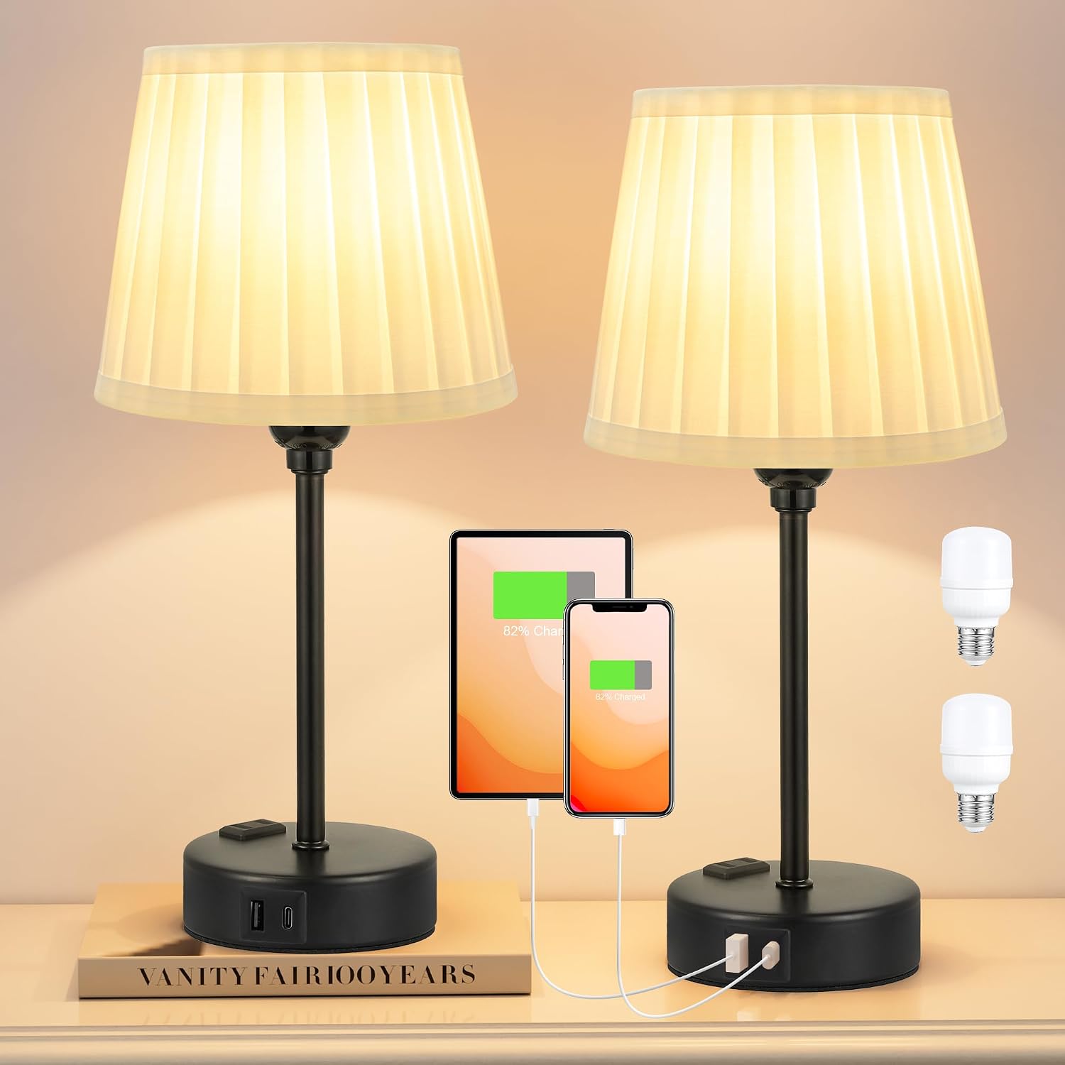 White Bedside Lamps for bedrooms Set of 2 - White Pleated Lamp Shade with USB Charging Ports, Touch Lamps for Nighstand, Night Stand Lamp…