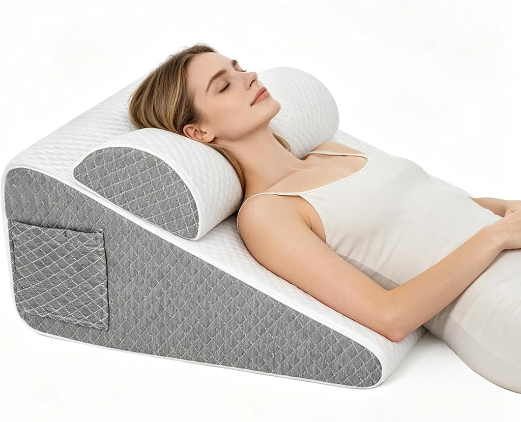 2PCS Wedge Pillow Set for After Surgery, Adjustable Bed Wedge Pillow Headboard with Memory Foam Neck Cushion – for Acid
