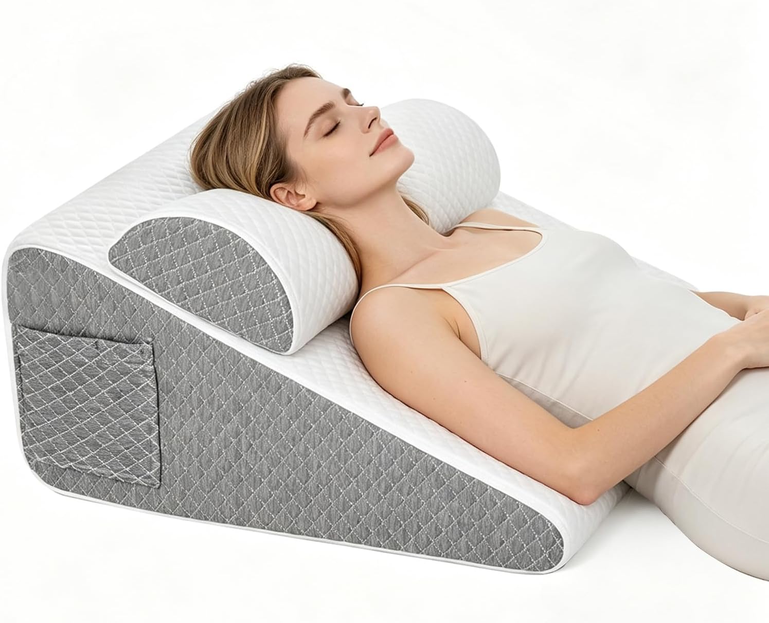 2PCS Wedge Pillow Set for After Surgery, Adjustable Bed Wedge Pillow Headboard with Memory Foam Neck Cushion – for Acid