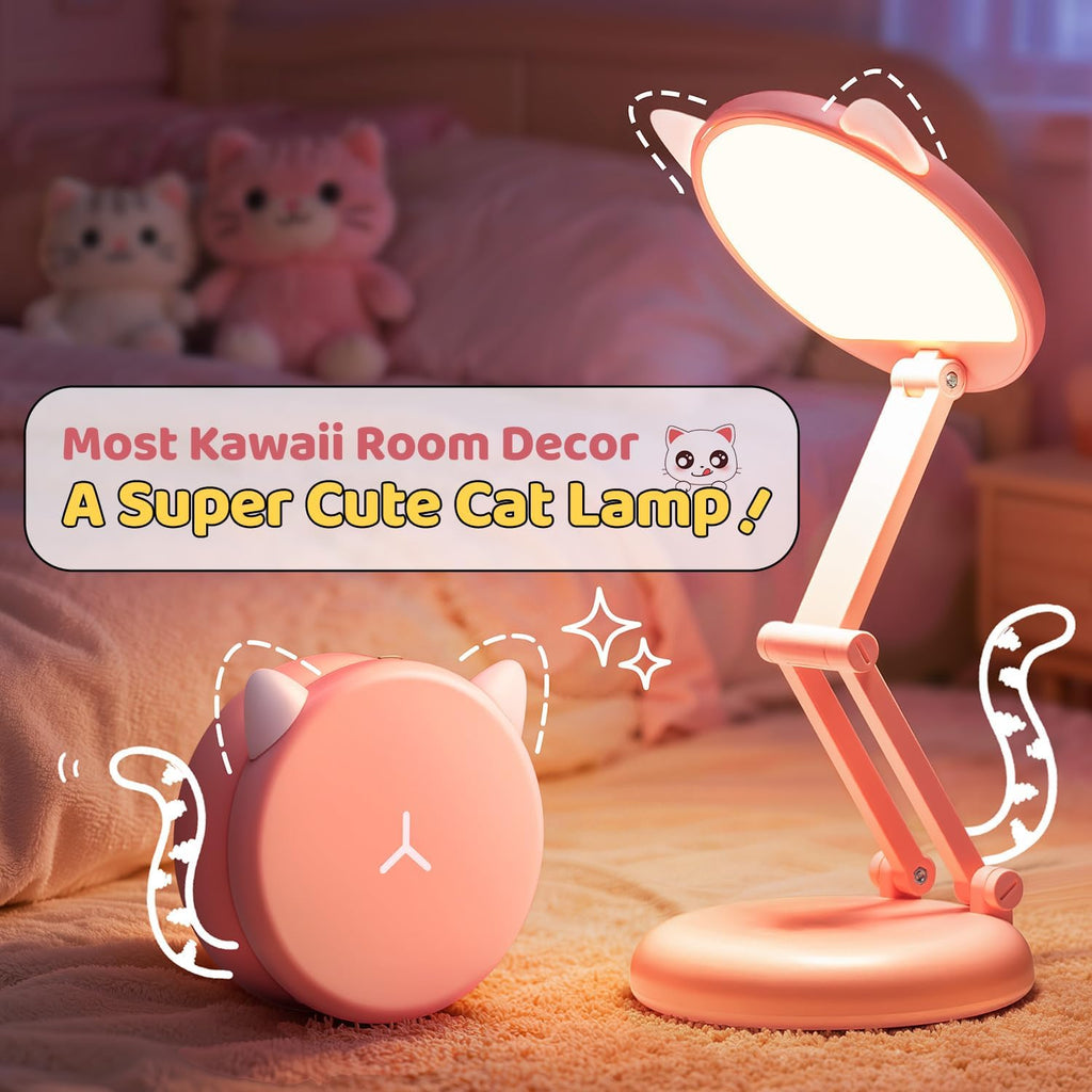 One Fire Cute Desk Lamp Pink Dorm Lamps for College Girls Foldable Portable Rechargeable Dimmable Cute Cat Lamp Kawaii Room Decor, College…