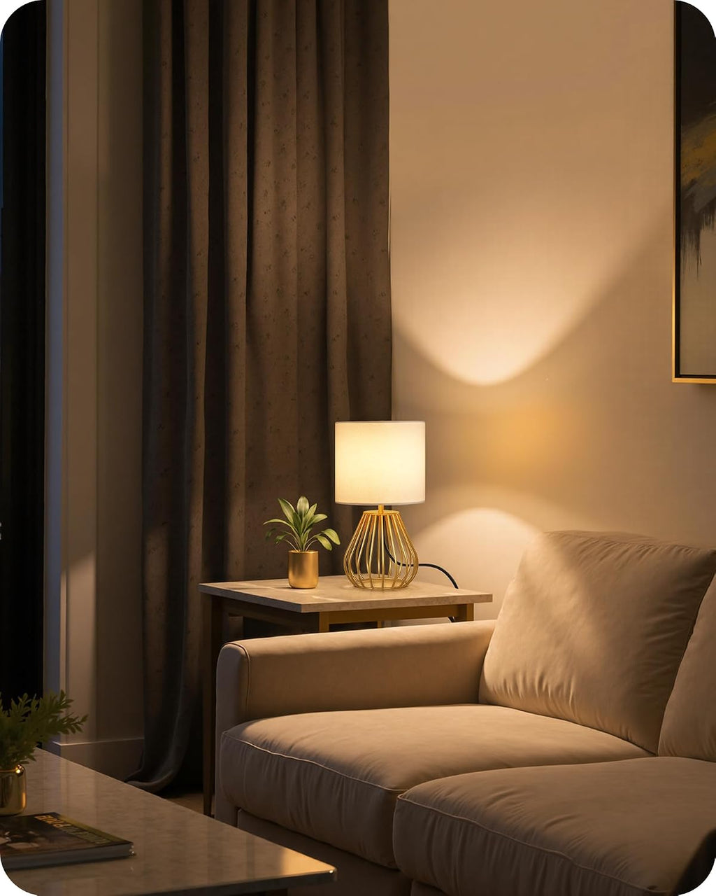 Gold Table Lamp Set of 2, Small Bedside Lamps Set of 2, 2700K LED Bulb Included, Gold Metal Base & White Linen Lampshade, Modern…