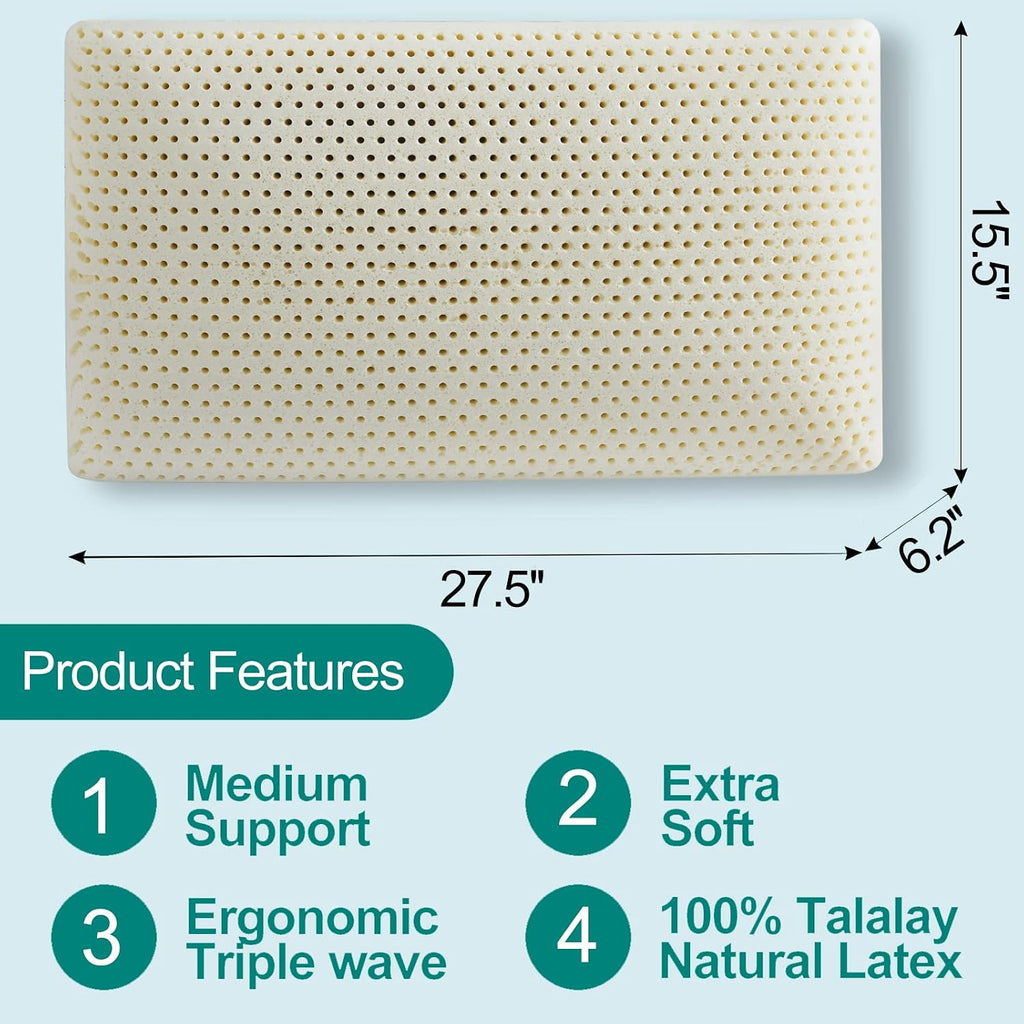 Kiss Dream Talalay Latex Pillow, Medium Firm Support for Neck and Shoulder, Bread Shaped Cooling Bed Pillow with Cotton Cover, Oeko-TEX Ce…