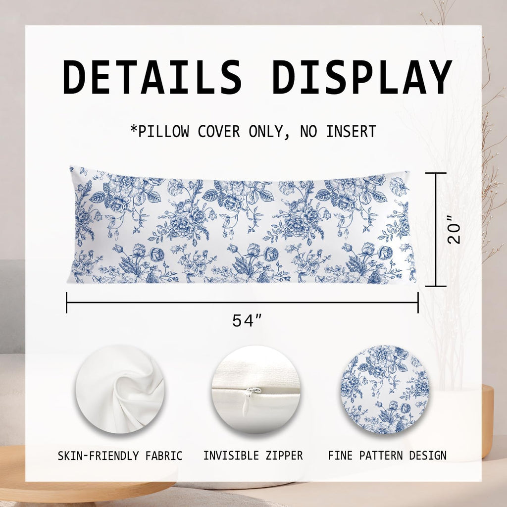 Vintage Blue Floral Chinoiserie 20x54 Body Pillow Cover, Grandmillennial Home Decor, Chinoiserie Decor, Blue and White Flower…
