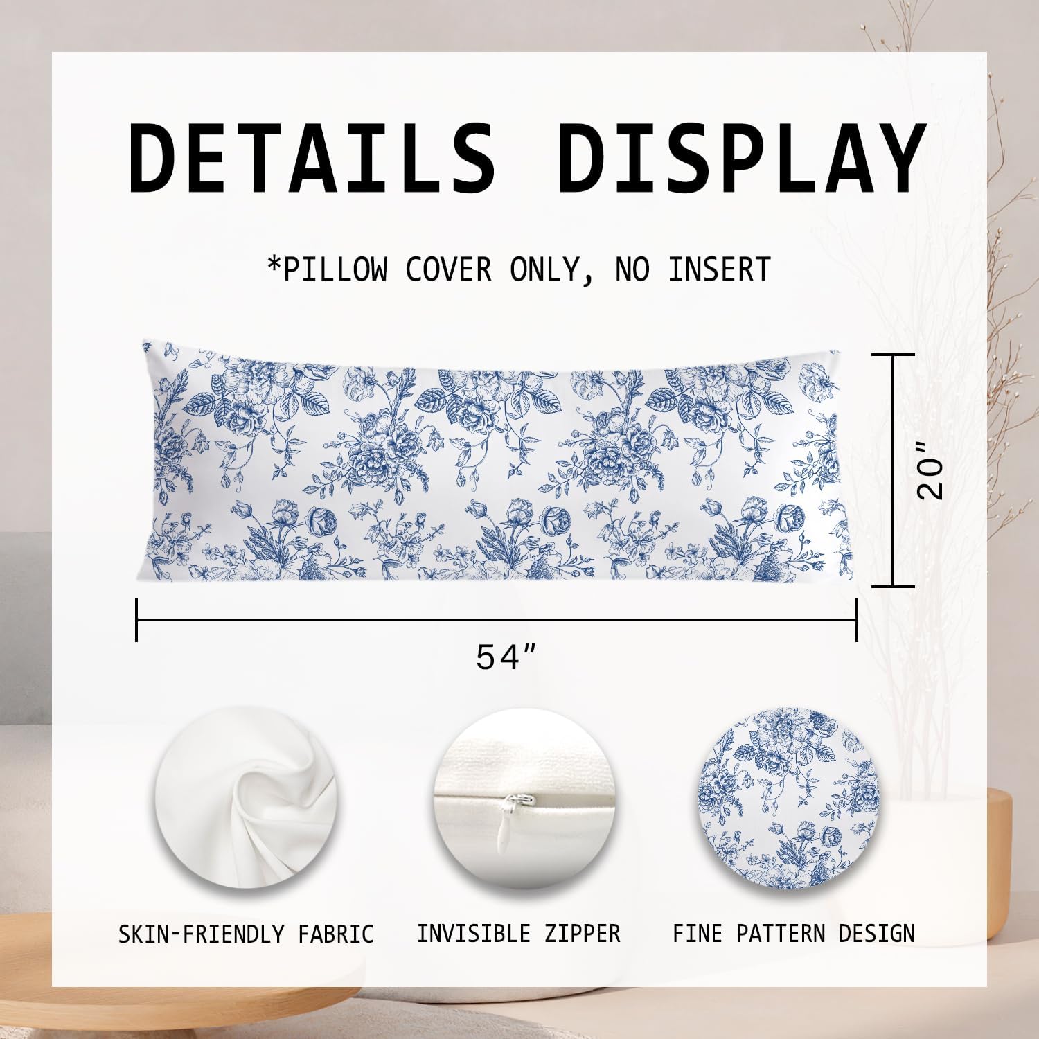 Vintage Blue Floral Chinoiserie 20x54 Body Pillow Cover, Grandmillennial Home Decor, Chinoiserie Decor, Blue and White Flower…